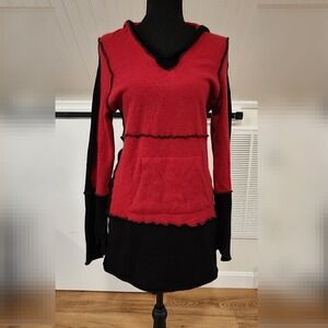 One Wool VT Recycled Wool Hooded Tunic Sweater Red Black Gorpcore Outdoor Small